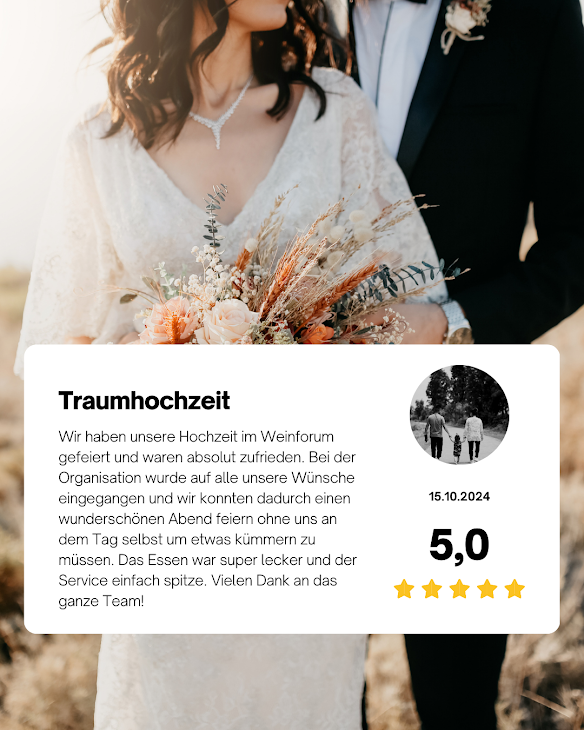 5-Sterne Gästebewertung Traumhochzeit im Weinforum Franken, Oktober 2024