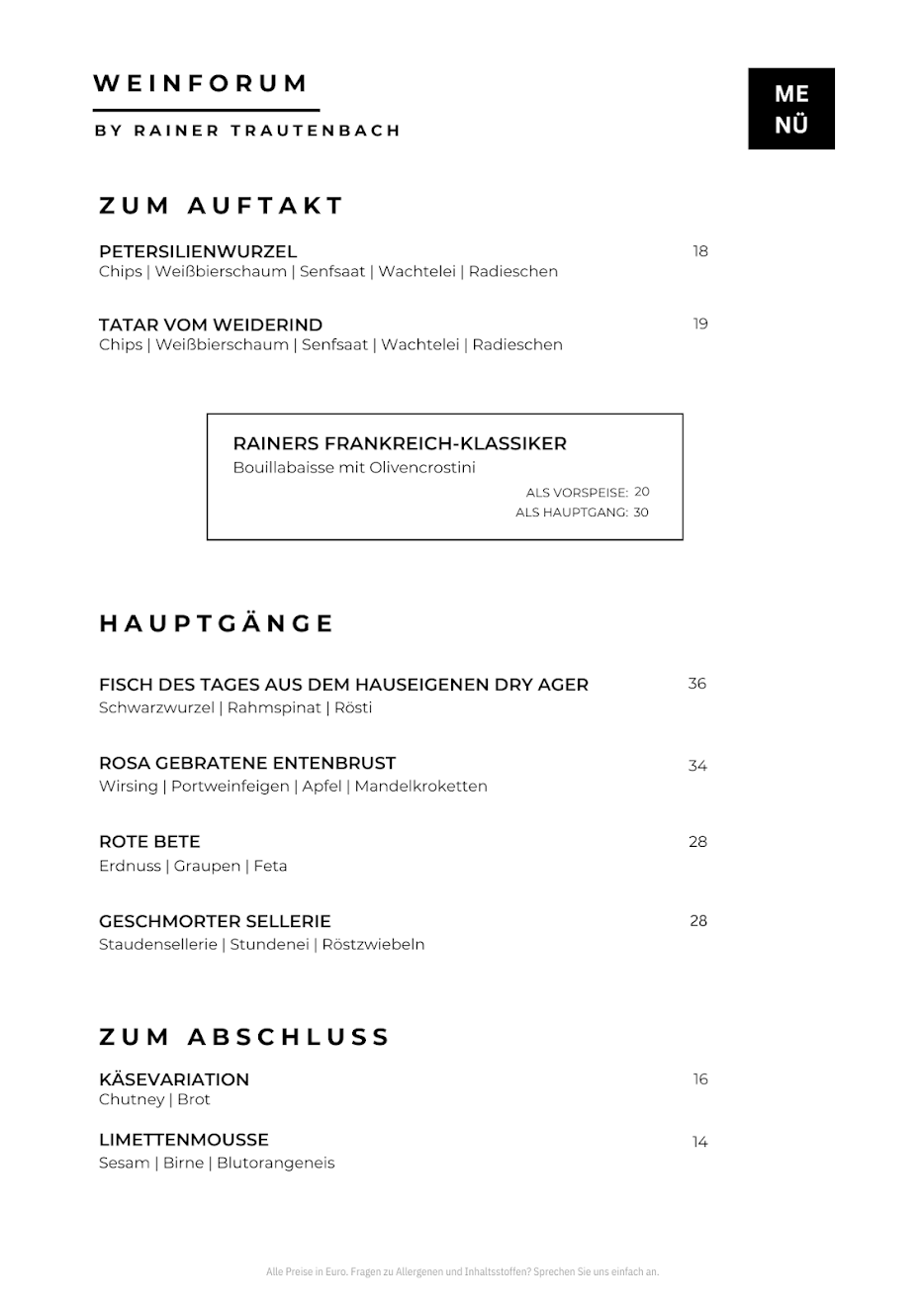 Speisekarte Menü – Weinforum Franken