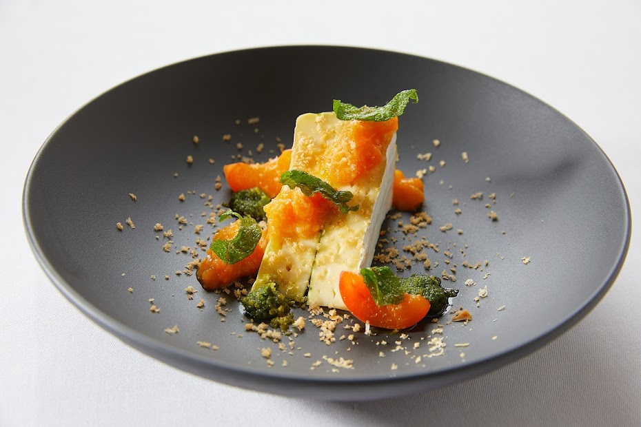 Käsemousse mit Aprikosen-Ragout und frischer Minze auf dunklem Teller – Fine Dining Dessert Weinforum Franken